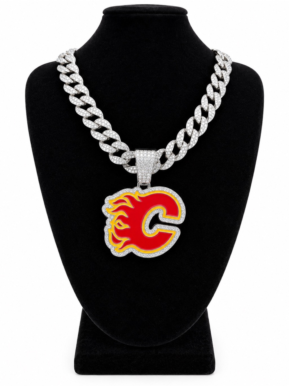 Iced Out NHL Calgary Flames Pendant Cuban Link Necklace